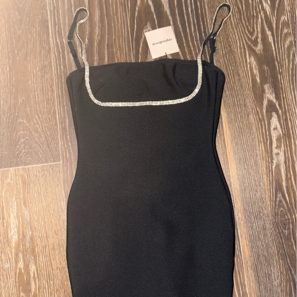 SUPERDOWN Strapless Black Dress with Rhinestone Trim